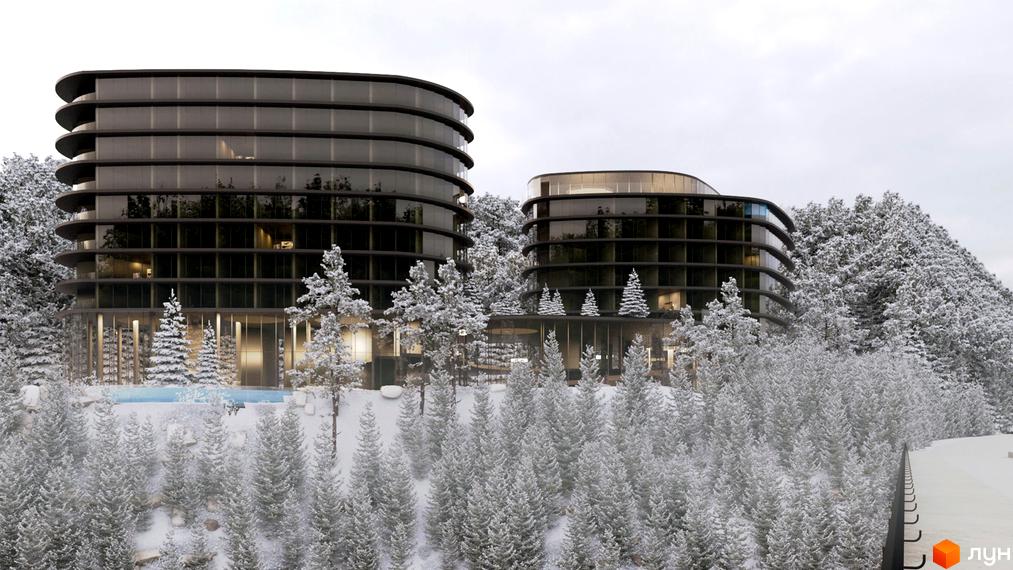 Апарт-комплекс „Яремче“ серед засніжених дерев. Круглі будівлі з панорамними вікнами, басейн та зимовий ліс.