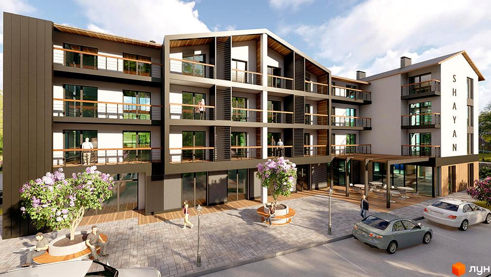 Зображення фасаду апарт-комплексу Shayan з балконами та терасами. На прибудинковій території тротуарна плитка, лавки та дерева.