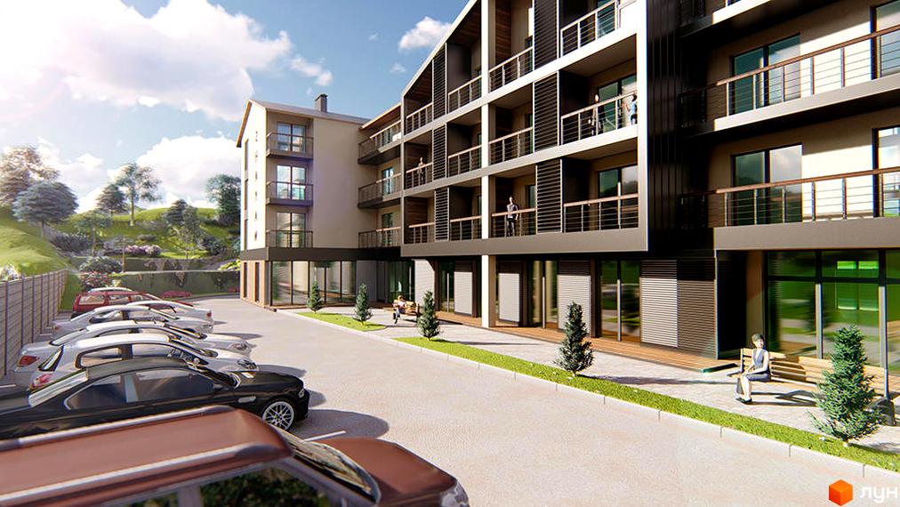 Багатоповерховий будинок з балконами та панорамними вікнами. На прибудинковій території парковка для автомобілів, зелені насадження та лавки для відпочинку.