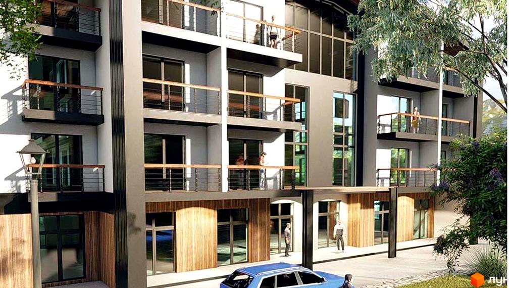 Зображення фасаду багатоповерхового будинку Комплекс Shayan з балконами та великими вікнами. На території видно дерева, ліхтарі та припарковані автомобілі.