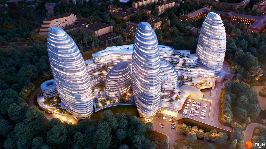 Високотехнологічний житловий комплекс INTERGAL CITY з футуристичним дизайном. На території розташовані паркінги та зелені зони.