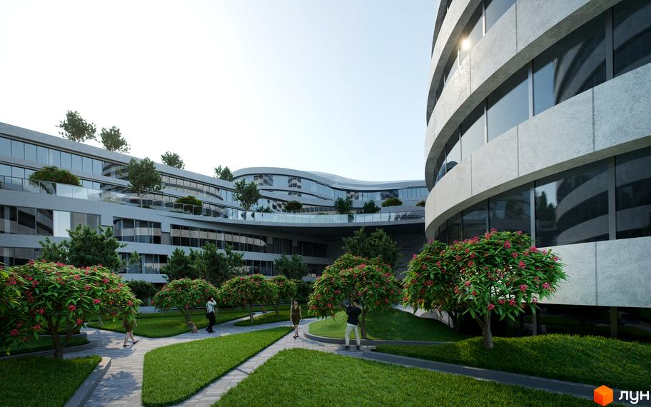 БФК INTERGAL CITY з вигнутими фасадами, великими вікнами та зеленими терасами. На прибудинковій території розташовані доглянуті газони, доріжки та квітучі дерева.