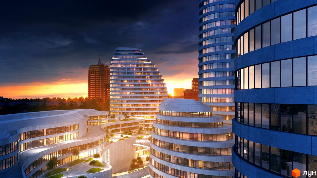 БФК INTERGAL CITY: вигнуті багатоповерхові будівлі зі світлими та синіми фасадами, великими вікнами. Навколо — озеленені зони та пішохідні доріжки.