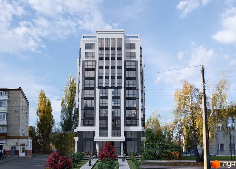 Багатоповерховий будинок біло-сірого кольору з великими вікнами та озелененою прибудинковою територією з деревами та кущами.