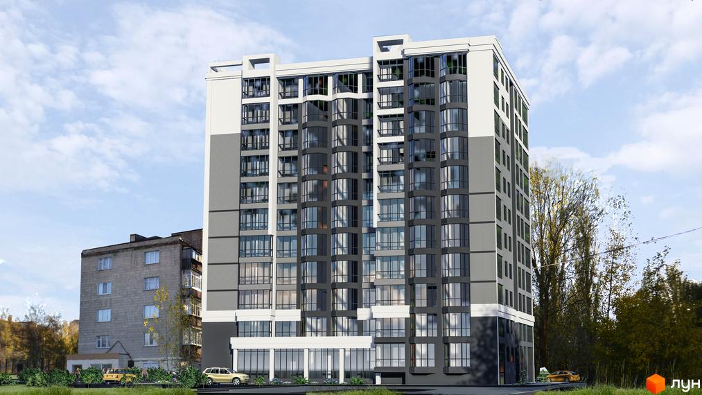 Новобудова сірого та білого кольорів з великими вікнами та заскленими балконами. Навколо зелені насадження та дорога з автомобілями.