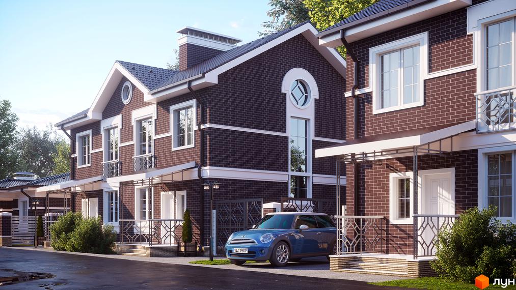 Котеджне містечко Dream Wood. Фасади двоповерхових будинків з темно-коричневої цегли з білим оздобленням, поруч доріжка та зелені насадження.