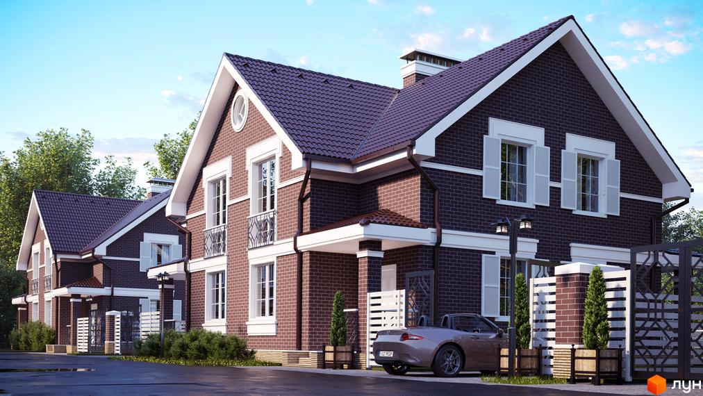 Котеджне містечко Dream Wood: будинки з темно-коричневої цегли з білими віконними рамами та віконницями. Прибудинкова територія з доріжками, зеленими насадженнями та парканом.