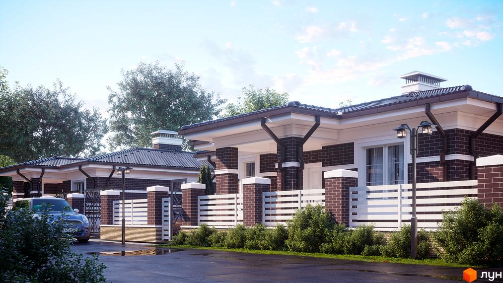 Зображення Котеджного містечка Dream Wood: одноповерхові будинки з цегли з білими колонами та парканом, зелені насадження на території.