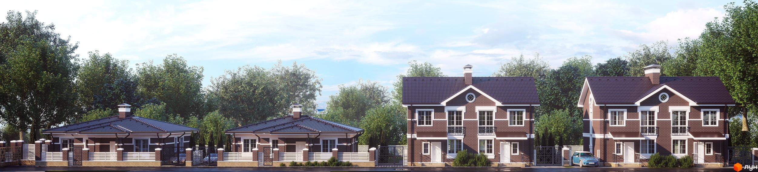 Котеджне містечко Dream Wood з будинками з цегляними фасадами, темними дахами та білими вікнами. Територія облаштована парканами, воротами та зеленими насадженнями.