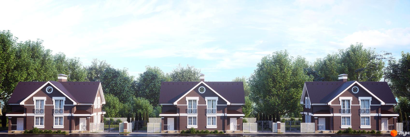 Зображення будинків у Котеджному містечку Dream Wood. Двоповерхові цегляні будинки з коричневими дахами на тлі зелених дерев.