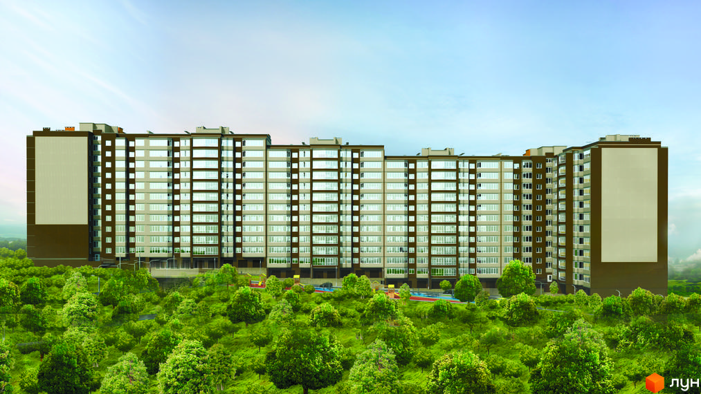 Зовнішній вигляд Преміум Парк: багатоповерховий будинок з коричневими та світлими фасадами, великою кількістю вікон. Навколо будинку зелена зона з деревами та дитячими майданчиками.