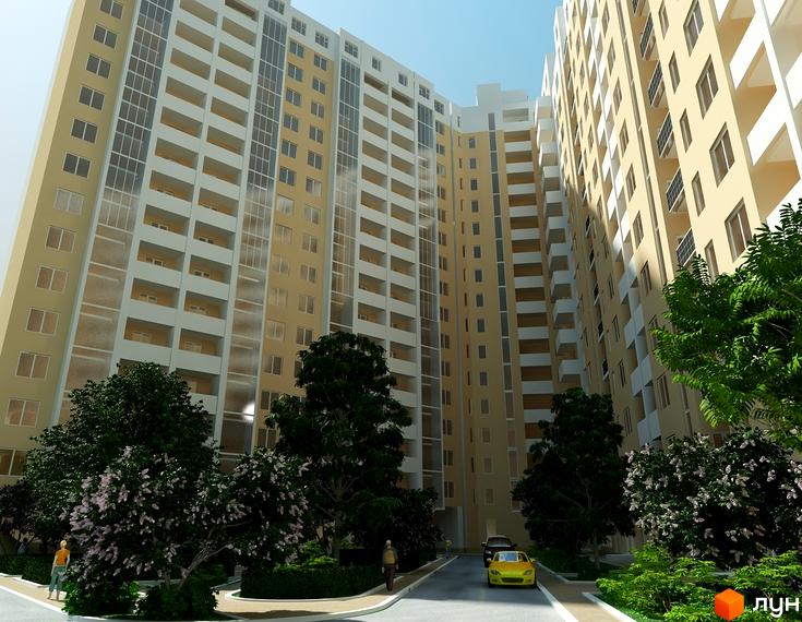 Житловий комплекс Тирас з фасадом в світлих тонах та прибудинковою територією з зеленими насадженнями і доріжками.