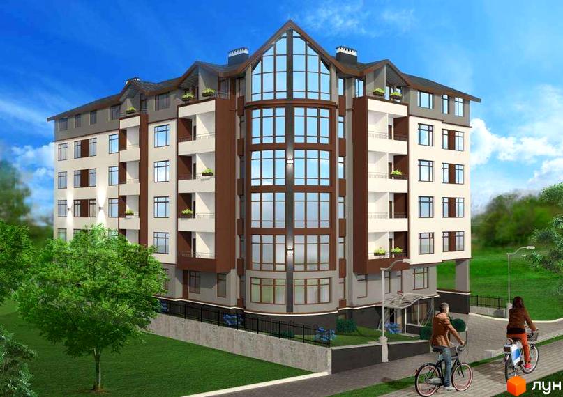 Житловий комплекс Light house. Будинок з коричнево-бежевим фасадом, виразним центральним скляним еркером та балконами. Навколо зелений газон, дерева та доріжка з велосипедистами.