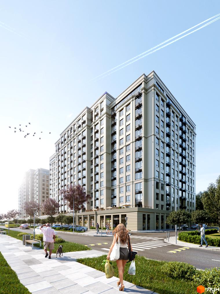 Зображення фасаду Житлового комплексу Центральний-Преміум. Багатоповерхова будівля з великими вікнами та балконами, поруч пішохідна зона.