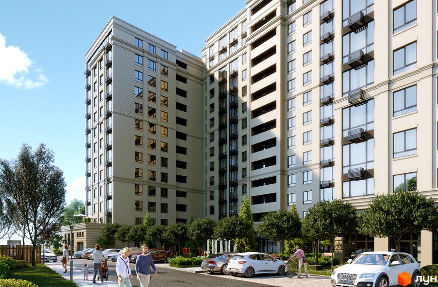 Зовнішній вигляд житлового комплексу Центральний-Преміум з фасадами світлої цегли та прибудинковою територією з деревами та місцями для паркування.