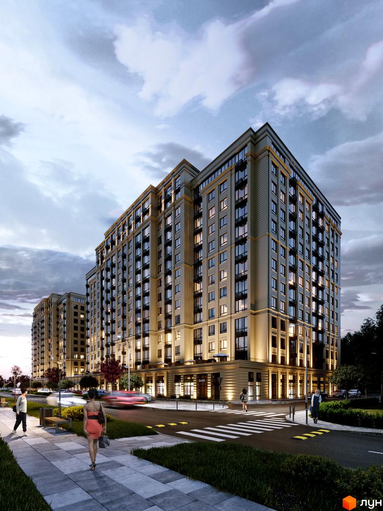 Житловий комплекс Центральний-Преміум. Зовнішній вигляд будівель з фасадами, що мають багато вікон та балконів, та прибудинкова територія з пішохідними доріжками та зеленими насадженнями.