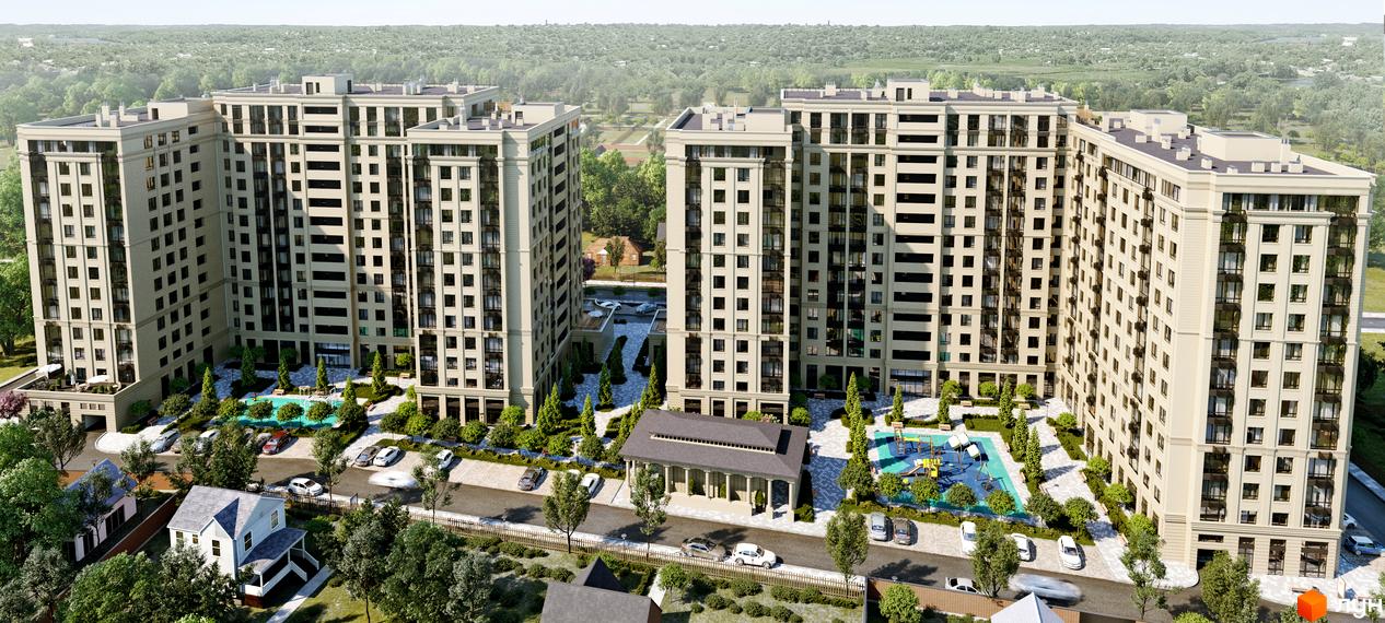 Зображення Житлового району Центральний-Преміум з висотними будинками та облаштованою прибудинковою територією з басейном і дитячим майданчиком.