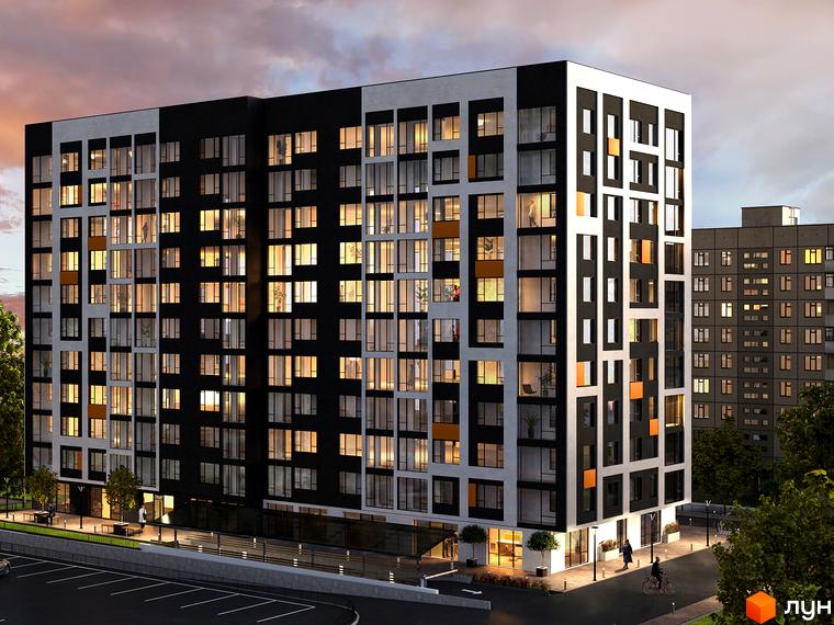 Багатоповерховий будинок ЖК Forward з панорамними вікнами та підсвіткою. На прибудинковій території є парковка, зелені насадження та освітлення.