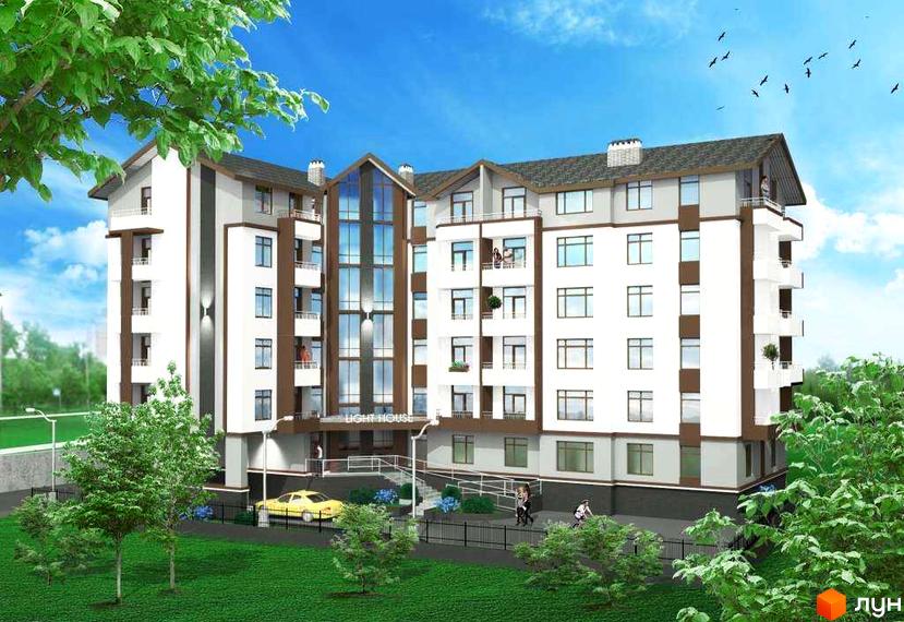 Новобудова Light house: багатоповерховий будинок з біло-коричневим фасадом, великими вікнами, балконами та зеленою прибудинковою територією.