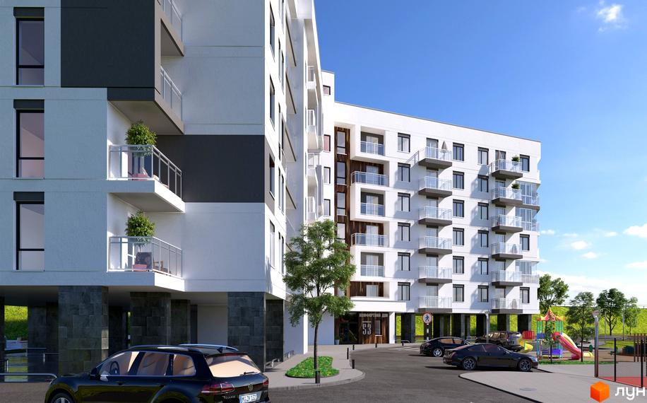 Житловий комплекс SloveSky: багатоповерховий будинок з білим фасадом та балконами, поруч парковка та дитячий майданчик.