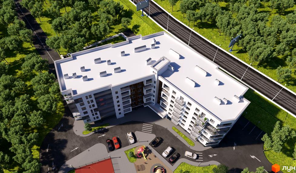 Житловий комплекс SloveSky: білий багатоповерховий будинок з балконами, оточений зеленими насадженнями, парковкою та дитячим майданчиком.