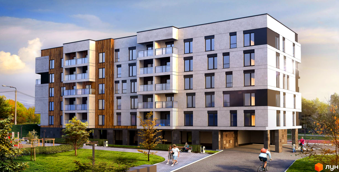 Житловий комплекс SloveSky з багатоповерховим будинком, оздобленим світлими панелями та дерев'яними елементами. Навколо зелені насадження, доріжки та дитячий майданчик.