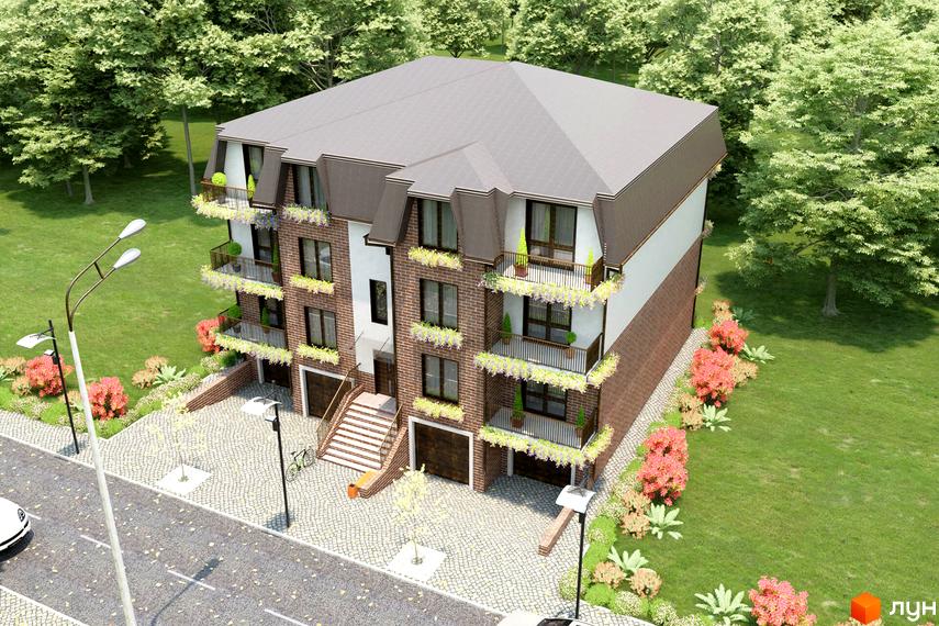 Зовнішній вигляд триповерхового житлового комплексу з цегляним фасадом та балконами, оточеного зеленню та квітучими кущами. Навколо будинку облаштована прибудинкова територія з доріжками та вуличним освітленням.