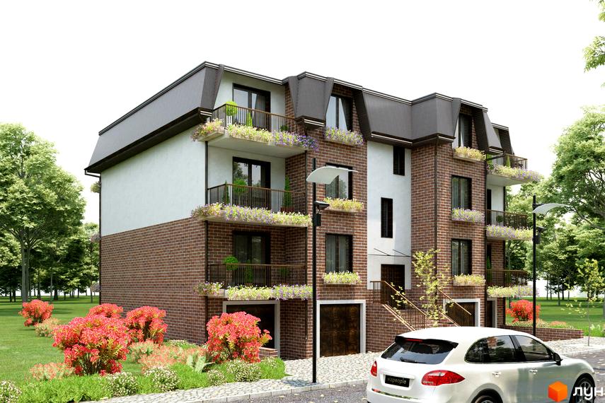 Зовнішній вигляд триповерхової новобудови з цегляним фасадом та балконами, прикрашеними квітами, на фоні зеленої прибудинкової території з кущами та деревами.