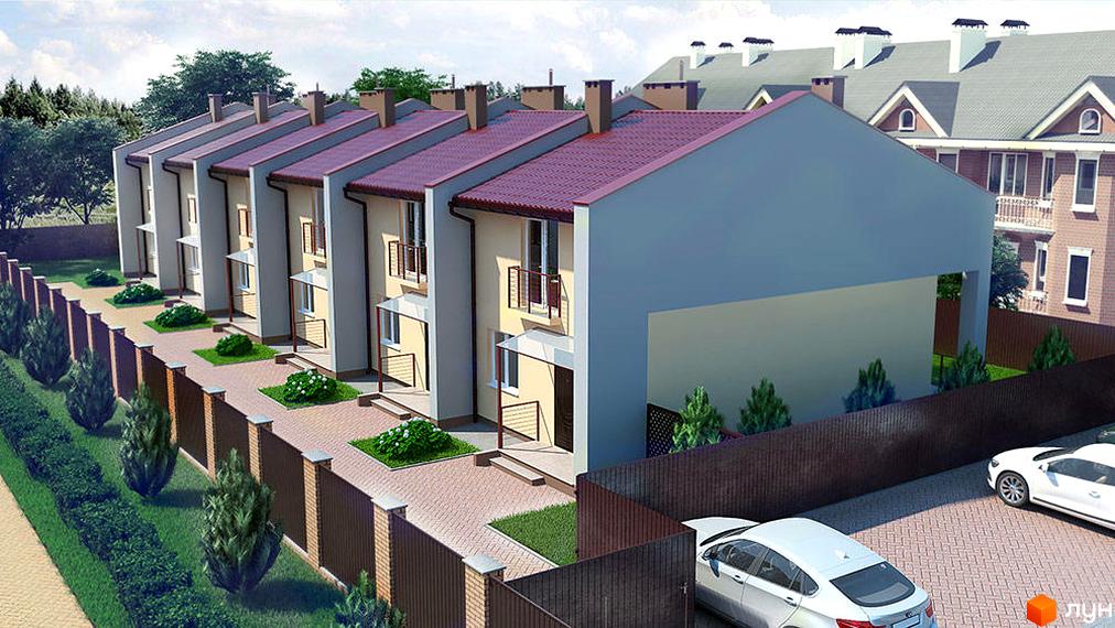 Котеджне містечко Best House: фасади світлих та темних кольорів з червоними дахами, огороджена територія з доглянутими газонами та деревами.