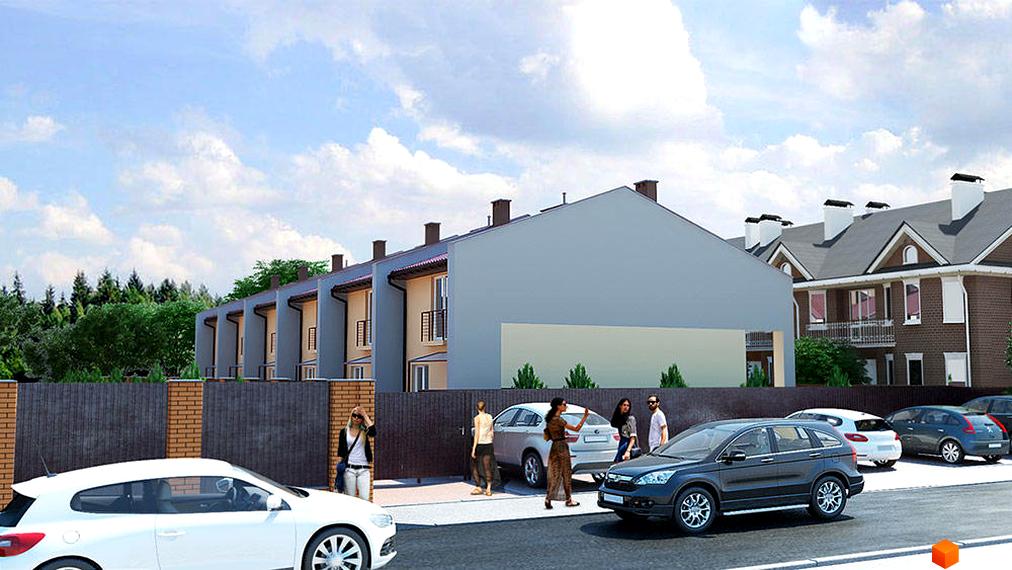 Котеджне містечко Best House: фасади будинків та прибудинкова територія з автомобілями та людьми. Зовнішній вигляд новобудови та паркування.