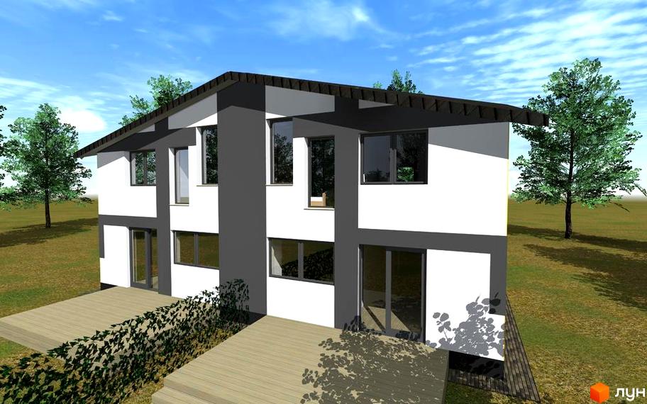 Сучасний двоповерховий будинок житлового комплексу Best House з великими вікнами та терасою, оточений зеленню та деревами.