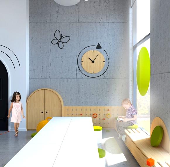 Інтер'єр дитячої кімнати в Житловому комплексі Wood Park з великим вікном, столом та місцем для ігор.