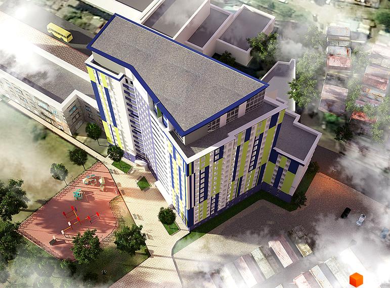 Зображення багатоповерхового будинку по вул. Світлицького, 35. На території дитячий майданчик, дерева та пішохідні доріжки.