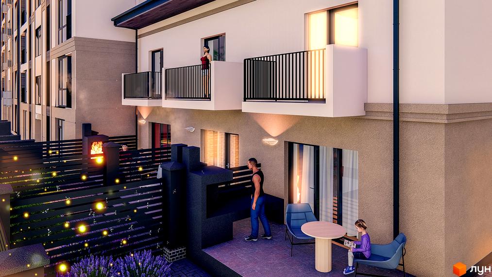 Таунхауси на Молодіжній 2: триповерхові будинки з балконами та терасою з барбекю. На прибудинковій території облаштована зона відпочинку з лавками та столиком.