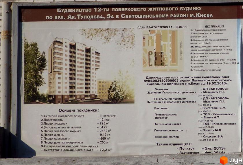 Інформаційна сторінка про Будівельний проєкт по вул. Академіка Туполєва, 5а. На фотографії багатоповерховий будинок та план благоустрою з озелененням.