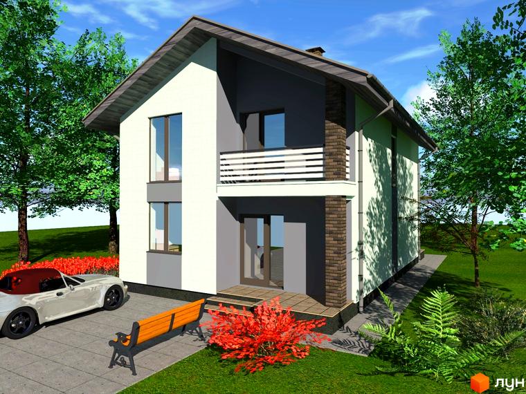 Котеджне містечко КМ Панорама: двоповерховий будинок з балконом, поруч парковка з автомобілем та лавка.