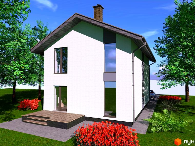 Котеджне містечко КМ Панорама: двоповерховий будинок з цегляним димарем, великими вікнами та терасою, оточений зеленню та квітами.