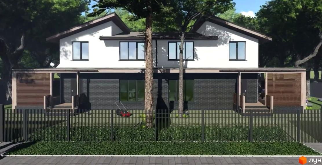 Дуплекси MALLORN – двоповерхові будинки з білою штукатуркою та темною цеглою, з великими вікнами та навісами. Територія огороджена парканом, перед будинками зелений газон та дерева.