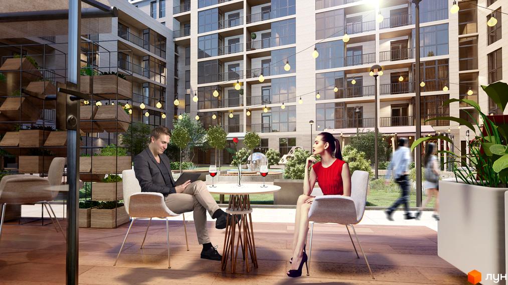 Житловий комплекс BARCELONA: багатоповерховий будинок з великими вікнами та балконами. Внутрішній двір з зеленими насадженнями та зоною відпочинку.