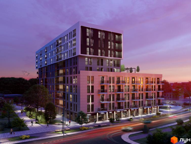 Багатоповерховий будинок ЖК BARCELONA з комерційними приміщеннями на першому поверсі та прибудинковою територією з алеями для прогулянок.