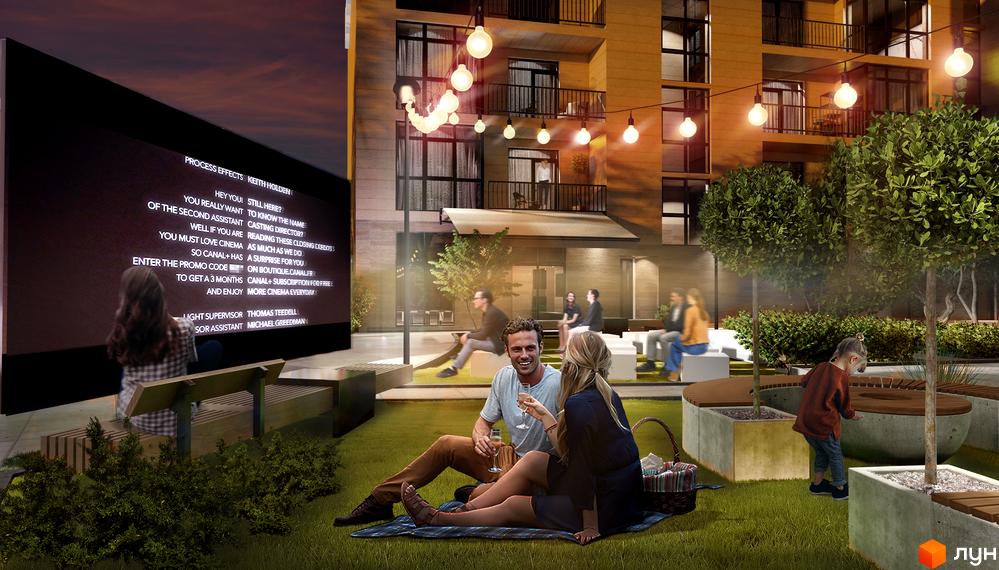 Житловий комплекс BARCELONA з багатоповерховим будинком та просторою прибудинковою територією для відпочинку з кінотеатром просто неба.