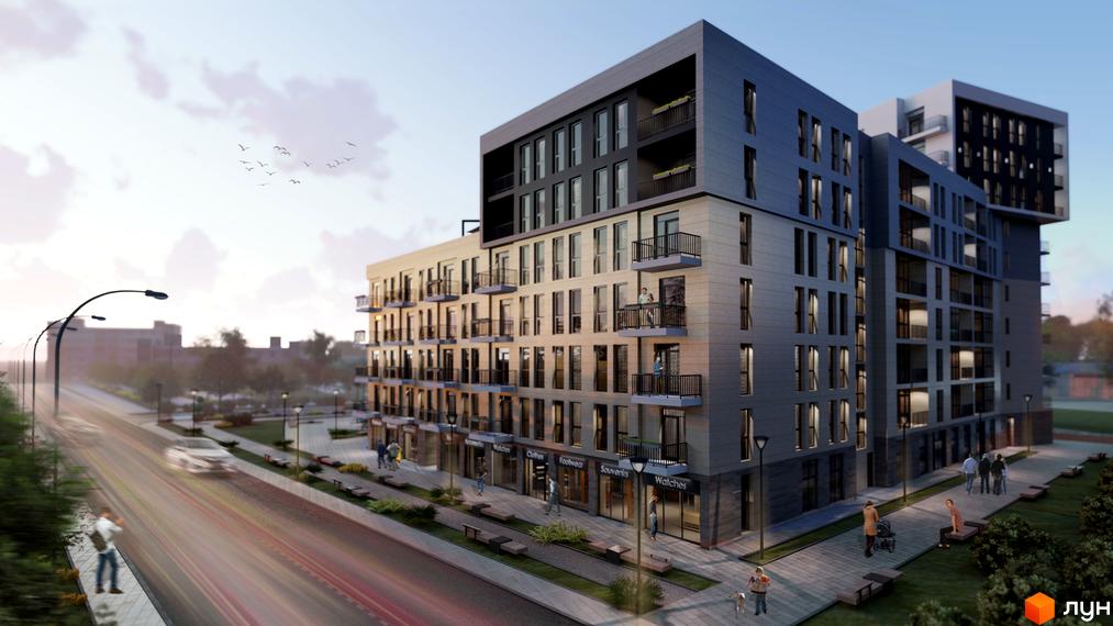 Житловий комплекс BARCELONA: багатоповерхові будівлі з балконами та комерційними приміщеннями на першому поверсі. Поруч дорога, тротуари, лавки та зелені зони.