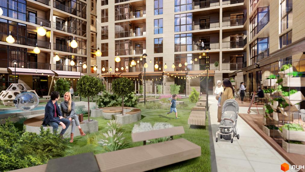 Багатоповерховий будинок Житлового комплексу BARCELONA з великими вікнами та балконами. Внутрішній двір з зеленими насадженнями, лавками та дитячим майданчиком, освітлений гірляндами.