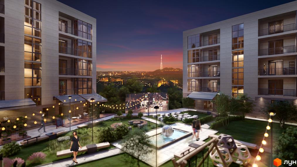 Житловий комплекс BARCELONA: багатоповерхові будинки зі світлим фасадом та балконами. Двір з ландшафтним дизайном, фонтаном, освітленням та зоною відпочинку.