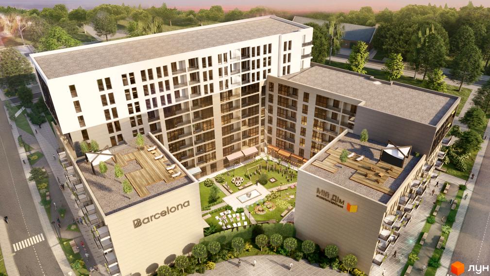 Вид на будівлі ЖК Barcelona з терасами на дахах та доглянутою прибудинковою територією з дитячим майданчиком та зеленими насадженнями.