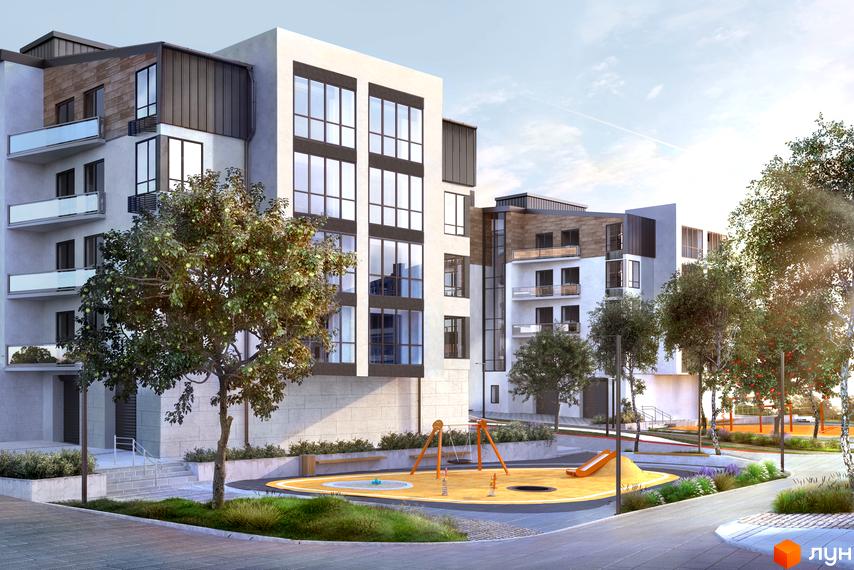 Житловий комплекс Традиція. Сучасні будинки з великими вікнами та балконами, дитячий майданчик з гойдалками та гіркою на прибудинковій території.