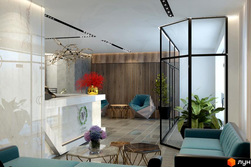 Інтер'єр рецепції житлового комплексу Victory Club House з білою стійкою, декоративними рослинами та зручними кріслами.