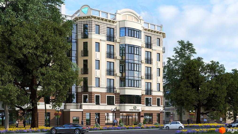 Зовнішній вигляд житлового комплексу Victory Club House з елегантною архітектурою та зеленими деревами навколо. На фасаді видно великі вікна та балкони, а біля будинку розташована доглянута прибудинкова територія з квітами та дорогою.