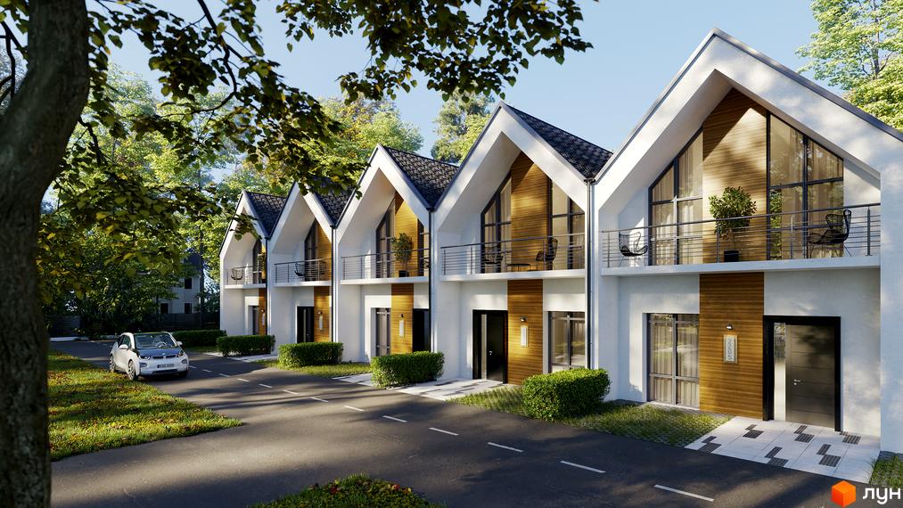 Зображення таунхаусів „C'House“ з двома поверхами та балконами. Перед будинками розташована дорога та зелені насадження.