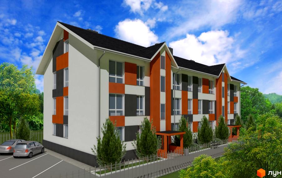 Новобудова Smart Format з фасадом у помаранчево-сірих тонах та паркуванням біля будинку. Навколо комплексу зелені дерева та блакитне небо.